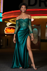 Aimishang Elegant Dark-Green Prom Dresses Beaded Bodice High Slit Stretch Satin Gown Evening Dress