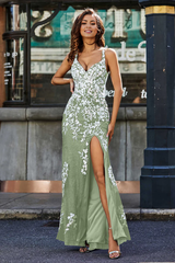 Aimishang Elegant Prom Dresses Lace Applique Evening Dress Tulle Dress with High Slit