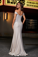 Aimishang Elegant Prom Dresses Pleated Off Shoulder Slit Sheath Gown Evening Dress