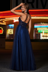 Aimishang Elegant Prom Dresses V Neck Ruched Tulle Dress with Slit Evening Dress