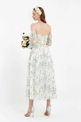 Aimishang Fashion Elegant Evening Dress Puffy Sleeves Prom Dresses Off Shoulder Floral Lace Dress