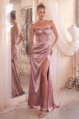 Aimishang Fashion Prom Dresses Daisy Beaded Strapless Satin Slit Gown Evening Dress