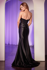 Aimishang Elegant Black Evening Dress Applique Satin Strapless Slit Gown Fashion Prom Dresses