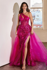 Aimishang Fashion Evening Dress Glitter Print One Shoulder Corset Slit Gown Prom Dresses