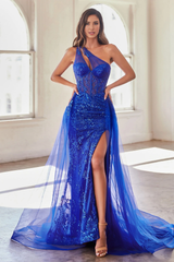 Aimishang Fashion Evening Dress Glitter Print One Shoulder Corset Slit Gown Prom Dresses