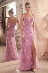 Aimishang Elegant Prom Dresses Fitted Sequin Sheer Sleeveless Slit Gown Evening Dress