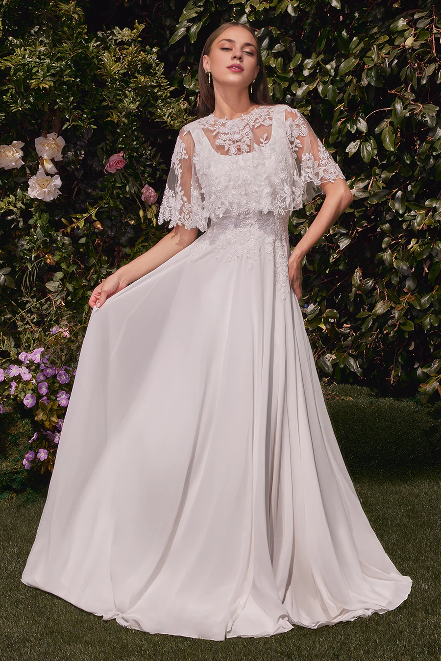Aimishang Elegant Evening Dress Chiffon White Sleeveless Capelet Gown Prom Dresses