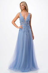 Aimishang Fashion Evening Dress 3D Floral Deep V-Neck Tulle Gown Prom Dresses
