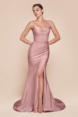 Aimishang Elegant Evening Dress Satin Fitted Strapless Slit Gown Prom Dresses