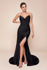 Aimishang Elegant Evening Dress Satin Fitted Strapless Slit Gown Prom Dresses