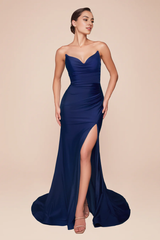 Aimishang Elegant Evening Dress Satin Fitted Strapless Slit Gown Prom Dresses
