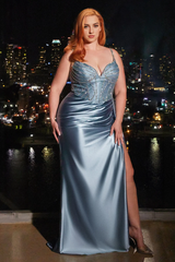 Aimishang Plus Size Formal Dress Curve Beaded Sleeveless Satin Slit Gown Evening Dresses