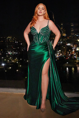 Aimishang Plus Size Formal Dress Curve Beaded Sleeveless Satin Slit Gown Evening Dresses