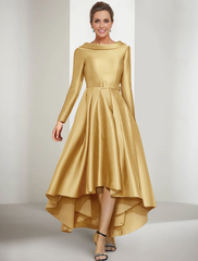 Aimishang A-Line Mother of the Bride Dress Elegant Long Sleeve Prom Dresses PromJewel Neck Asymmetrical Satin Long Sleeve with Sash / Ribbon