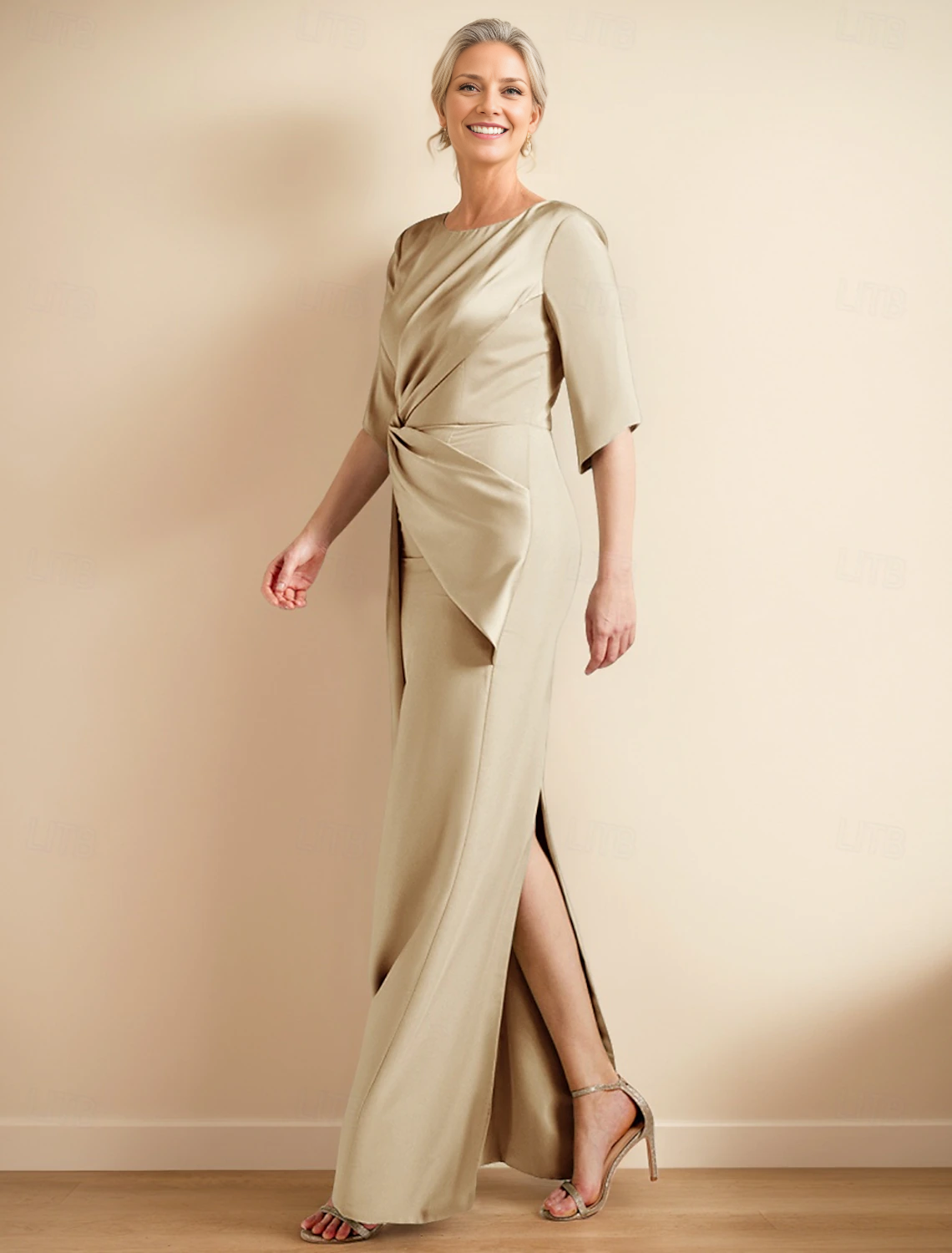 Aimishang Sheath / Column Dress Mother of the Bride Dress Elegant Jewel Neck Ankle Length Satin Half Sleeve with Ruched