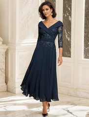 Aimishang A-Line Mother of the Bride Dress Wedding Guest Elegant Sweetheart Ankle Length Chiffon 3/4 Length Sleeve with Lace
