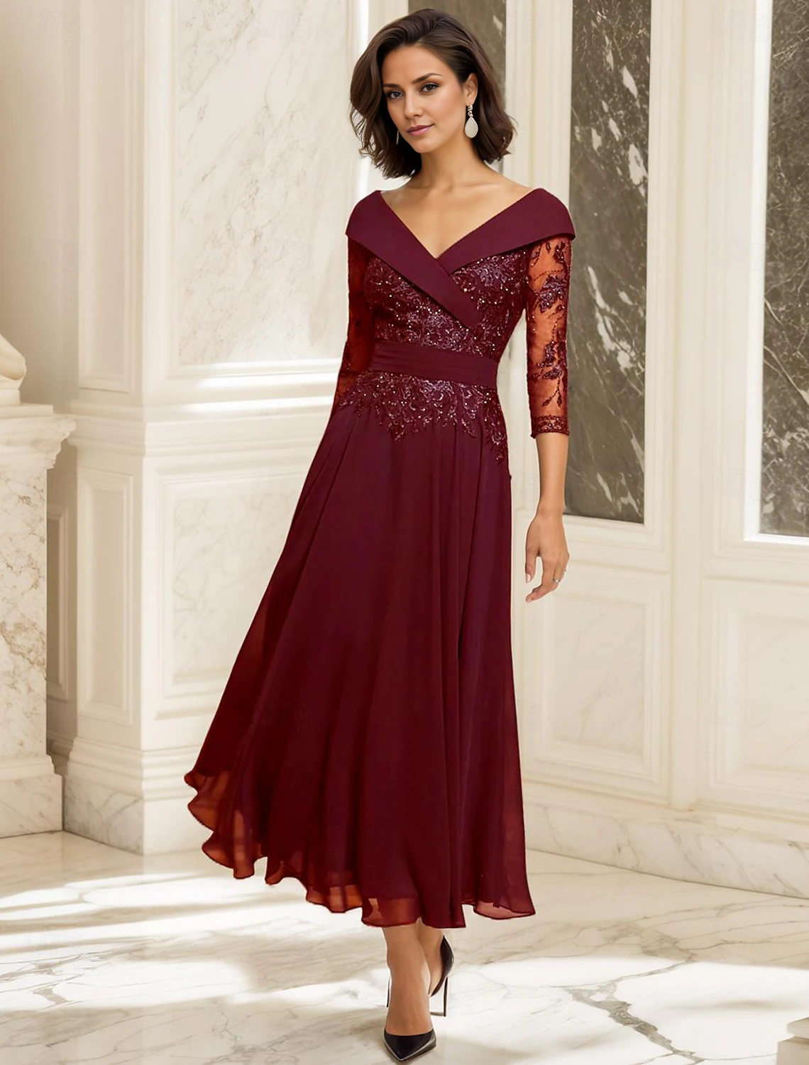 Aimishang A-Line Mother of the Bride Dress Wedding Guest Elegant Sweetheart Ankle Length Chiffon 3/4 Length Sleeve with Lace