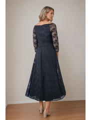 Aimishang A-Line Mother of the Bride Dress Elegant V Neck Tea Length Lace 3/4 Length Sleeve with Lace