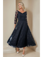 Aimishang A-Line Mother of the Bride Dress Elegant V Neck Tea Length Lace 3/4 Length Sleeve with Lace