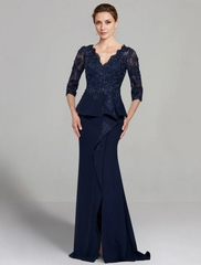 Aimishang Sheath / Column Dress Mother of the Bride Dress Elegant V Neck Floor Length Stretch Chiffon 3/4 Length Sleeve with Lace Pleats