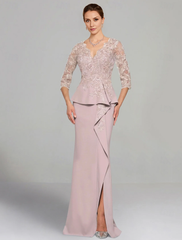 Aimishang Sheath / Column Dress Mother of the Bride Dress Elegant V Neck Floor Length Stretch Chiffon 3/4 Length Sleeve with Lace Pleats