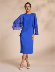 Aimishang Elegant Blue Chiffon Causal Round Sleeve 2 Piece Midi Mother of the Bride Dress