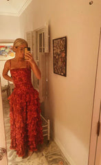 Aimishang Elegant Formal Women's Dresses Spaghetti Straps Red Lace Long Prom Dress Tiered Evening Dress