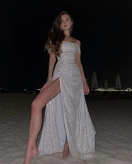 Aimishang Elegant Dress For Formal Off Shoulder Shiny Long Prom Dress High Slit Formal Evening Dress