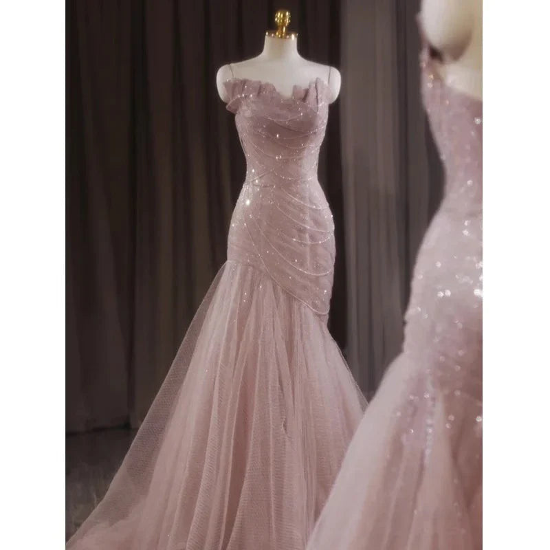 Aimishang Elegant Dresses Gowns Evening Dresses Pink Shiny Tulle Mermaid Prom Dress Fairy Formal Evening Dress