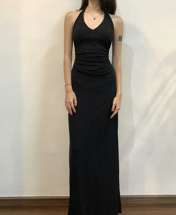 Aimishang Elegant Formal Women's Dresses Halter Black Long Prom Dress Vintage Evening Dress