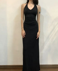 Aimishang Elegant Formal Women's Dresses Halter Black Long Prom Dress Vintage Evening Dress