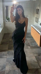 Aimishang Elegant Spaghetti Straps Black Sheath Ruffle Long Prom Dress Formal Evening Gown