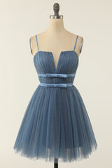 A Line Spaghetti Straps Blue Grey Short Homecoming Dress