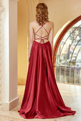 Jimiss front slit A-line thin shoulder strap wine red long Prom dress