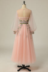 A Line Jewel Light Nude Long Prom Dress with Embroidery