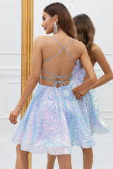 Sparkly Light Blue A-Line Sequins Short Homecoming Dress