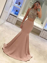 A| Bridelily High Neck Sweep/Brush Train Beading Two Piece Dresses