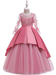 A-Line 3/4 Length Sleeve Jewel Neck Cotton Lace Ball Gown Flower Girl Dresses With Lace Sash Ribbon Pleats
