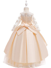 A-Line 3/4 Length Sleeve Jewel Neck Cotton Lace Ball Gown Flower Girl Dresses With Lace Sash Ribbon Pleats