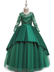 A-Line 3/4 Length Sleeve Jewel Neck Cotton Lace Ball Gown Flower Girl Dresses With Lace Sash Ribbon Pleats