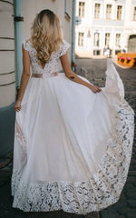 A Line Bateau Chiffon and Lace Floor-length Short Sleeve Wedding Dress with Ribbon