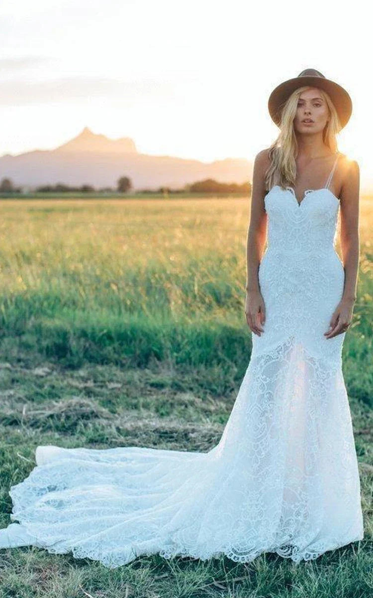 Mermaid Bohemian Low V Back Full Lace Beach Garden Bridal Gowns