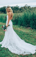 Mermaid Bohemian Low V Back Full Lace Beach Garden Bridal Gowns