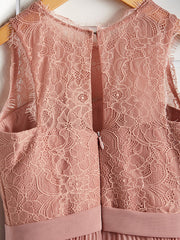 A-Line Crew Neck Flower Girl Maxi Dress with Chiffon Lace and Lace Pleats