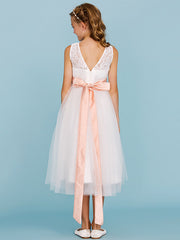 A-Line Crew Neck Tea Length Lace & Tulle Junior Bridesmaid Dress w/ Sash Ribbon Pleats for Weddings & Parties Open Back & See Through Design