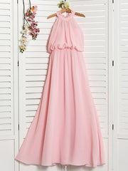 A-Line High Neck Floor Length Chiffon Junior Flower Girl Dress with Ruffles Ruching