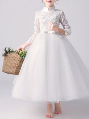 A-Line High Neck Flower Girl Dress Tulle with Bow Beading Appliques