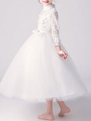 A-Line High Neck Flower Girl Dress Tulle with Bow Beading Appliques