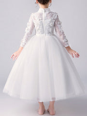 A-Line High Neck Flower Girl Dress Tulle with Bow Beading Appliques