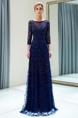 A-line Illusion Neckline Long Beading Evening Gowns with Sleeves